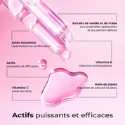 Actifs de l’huile LumiSilk : vanille, fraise, acide hyaluronique, vitamines C et E, huile de jojoba - Soin post-épilation.