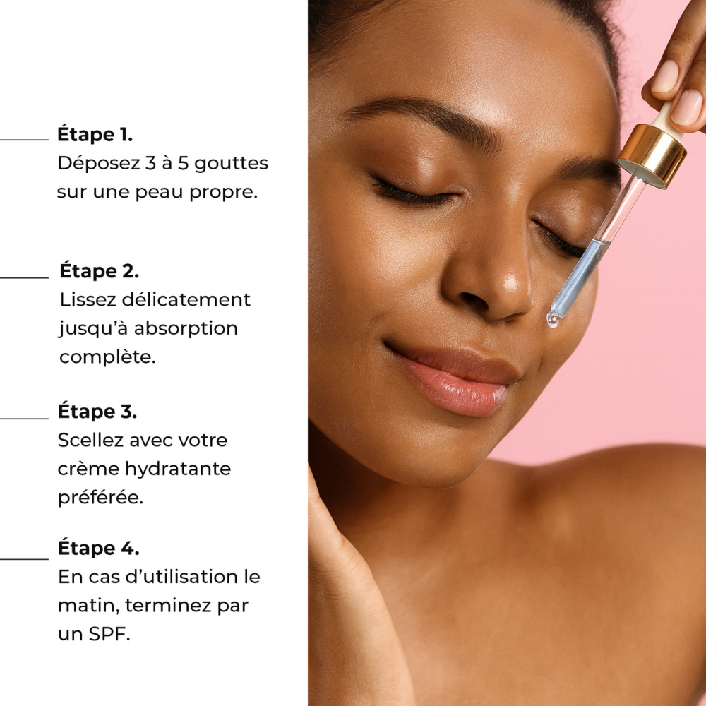 Étapes d'application du sérum Lumen Drop – 3 à 5 gouttes, absorption, crème hydratante et SPF le matin