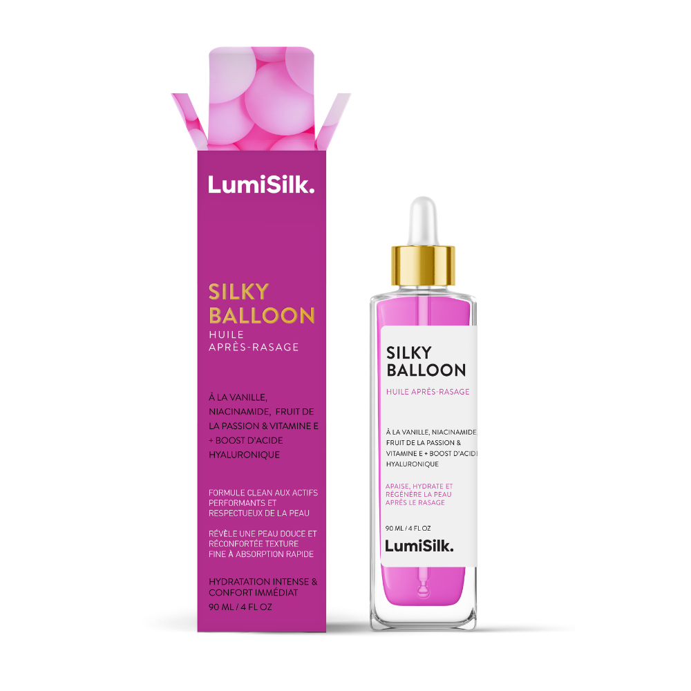 Huile après-rasage Silky Balloon de LumiSilk - Packaging et flacon 90 ml à la vanille, niacinamide et acide hyaluronique.